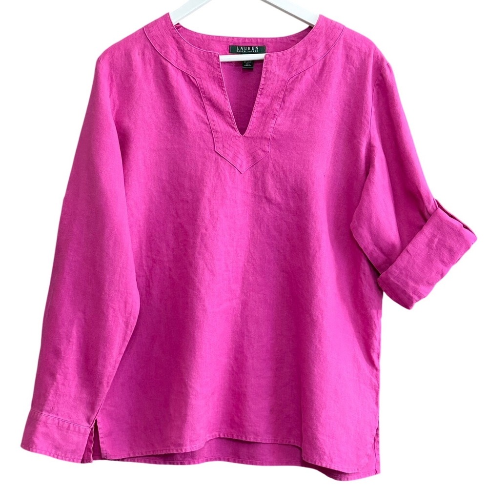 Lauren Ralph Lauren Womens XL Linen Split Neck Tunic Blouse Hot Pink Coastal